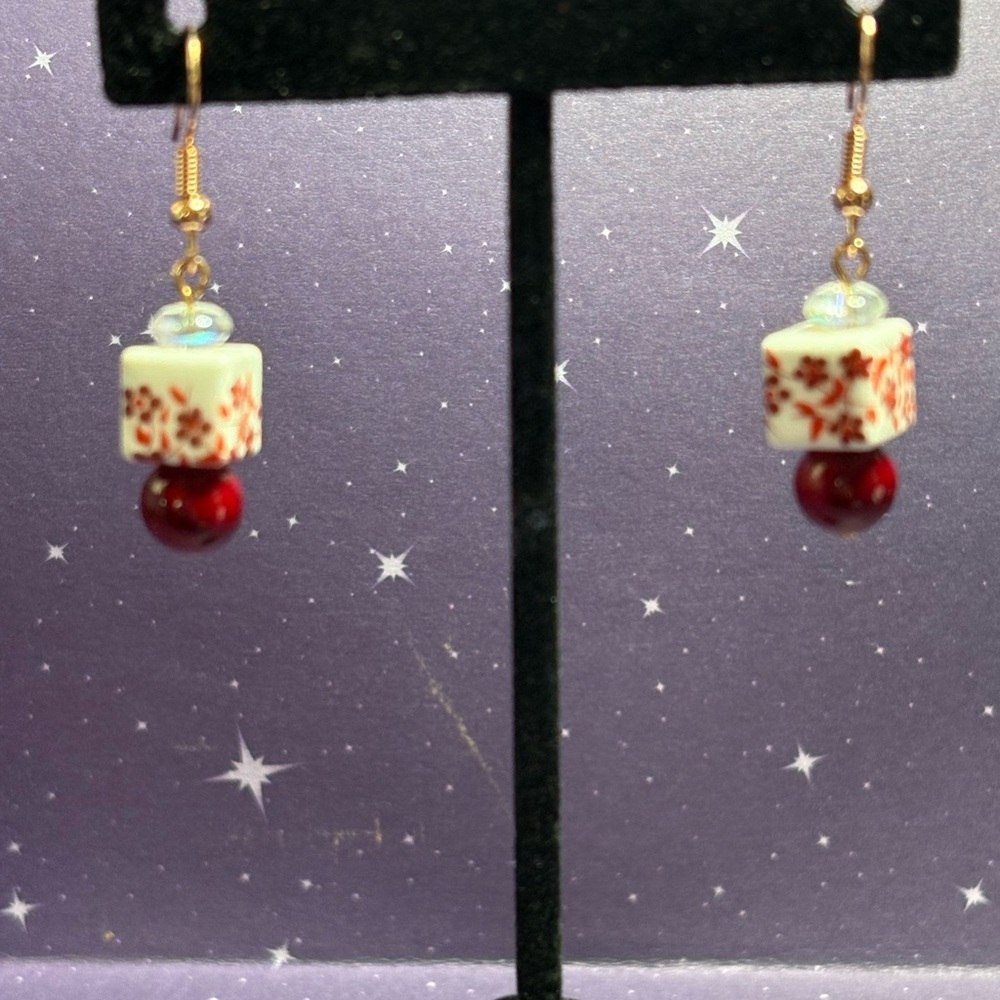 Elegant Floral Cranberry and White Floral Earrings